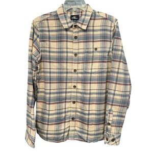 O’Neill Men’s Small Plaid Flannel Shirt Button Front Cotton Beige Blue Rust